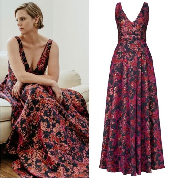 Badgley Mischka Floral Jacquard Gown dress pink multicolor - 2 - Picture 1 of 12